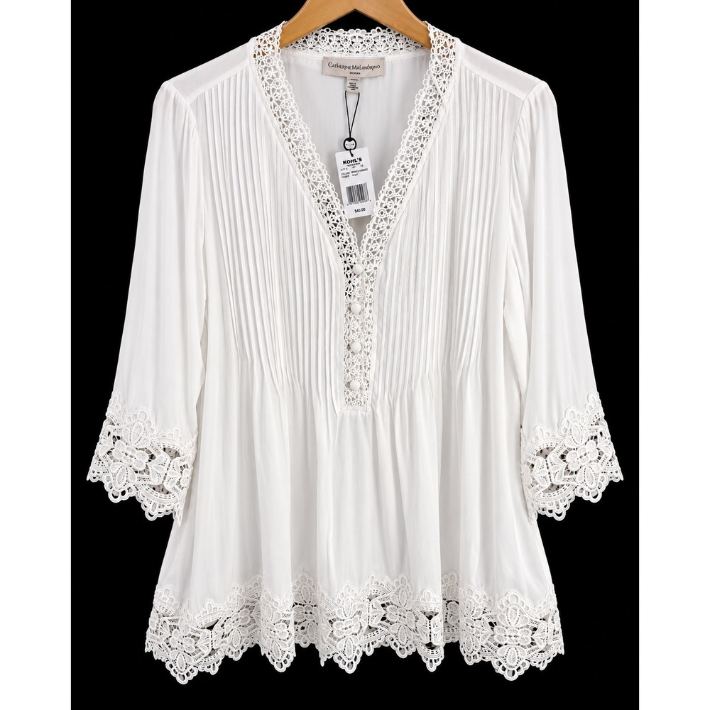 Catherine Malandrino White Crochet Lace Trim Pleated Blouse 2X New